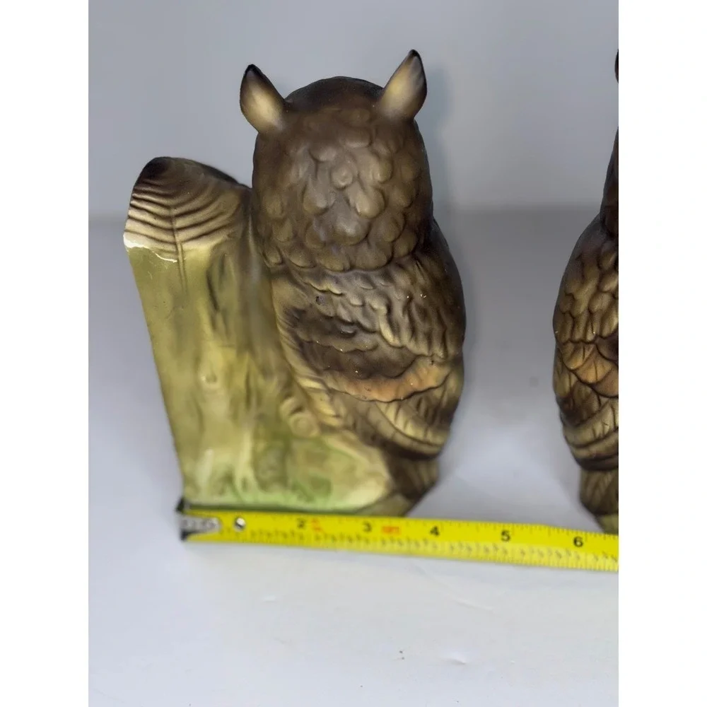 Vtg MCM Ceramic Owl Book Ends Mid Century Modern Brown Woodland Bird Decor Pair